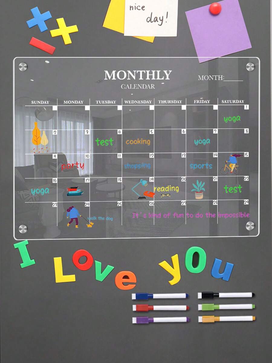 Magnetic Transparent Refrigerator Calendar Board (With 6 Magnetic Whiteboard Markers), Acrylic Writing Board, Transparent Pattern Memo Board, Reusable Planner Magnetic Fridge Sticker, Reusable Meal Planner, Perfect For Christmas And Halloween - Multicolor - View 1