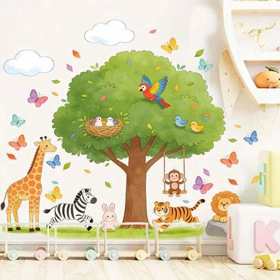 BRUP 1/2/6张/套 Jungalow 动物朋友树墙贴，色彩鲜艳的金刚鹦鹉，筑巢的鸟儿与斑马、兔子、猴子，充满奇思妙想的动物贴纸，适用于儿童卧室、游戏室或婴儿房，可移除，即撕即贴，田园风野生动物园主题艺术
