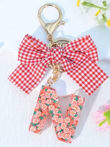 1 móc khóa nhựa hình nơ kẻ caro đỏ, móc khóa hình trái cây dễ thương chữ cái A-Z, quà tặng ngày lễ cho phụ nữ - Đỏ - Xem 32
