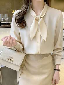Solid Color Front Button Front Tie Long Sleeve Shirt, Suitable For Office - Apricot - View 2