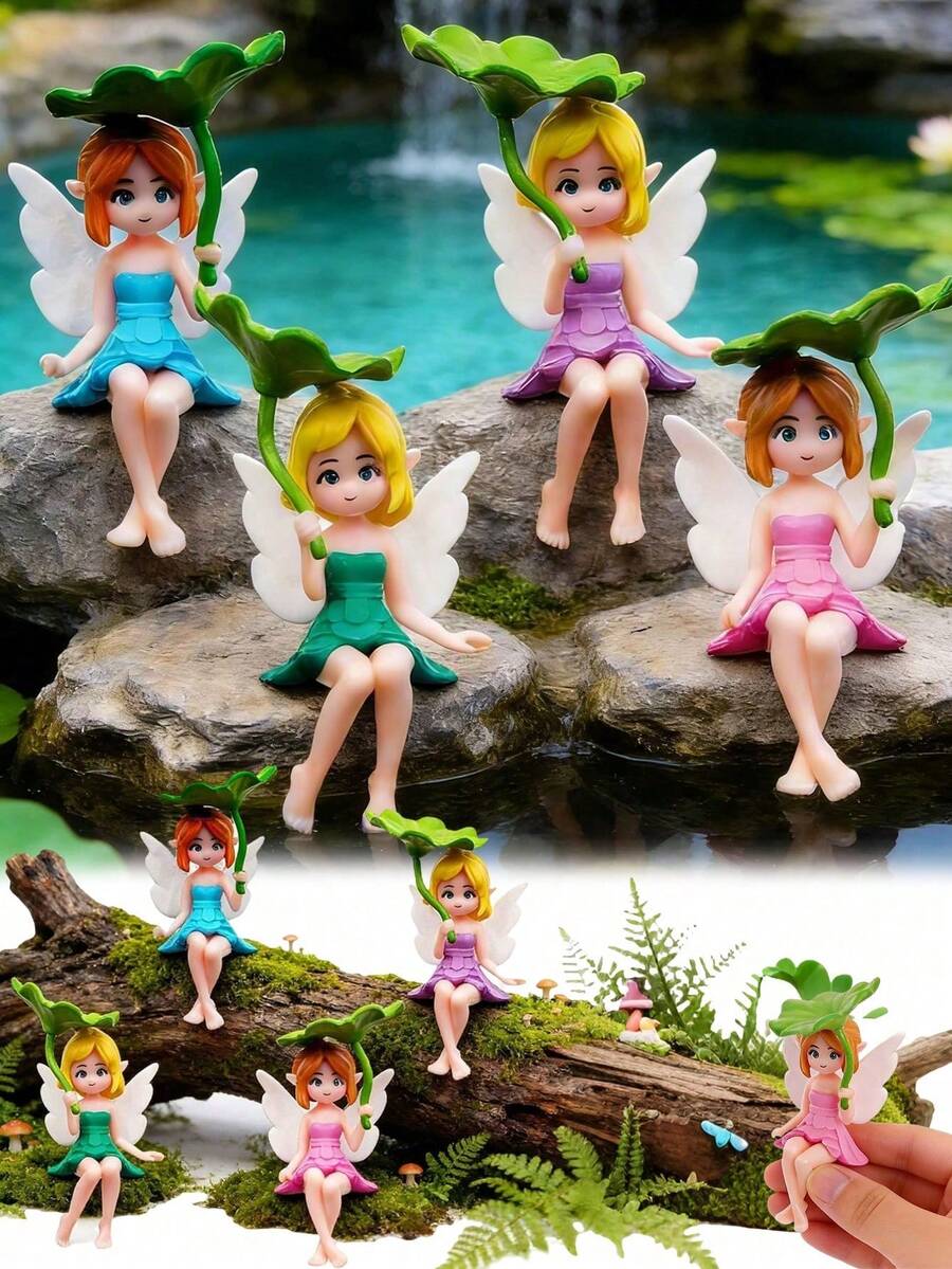 4pcs Mini Fairy Resin Decor, Suitable For Car Dashboard Decoration, Cute Desktop Decor, Home Decor, Miniature Landscape Potted Plant Decoration, DIY Fairy Garden, Bonsai Miniature Landscape Handicraft Accessories (Lotus Leaf Style) - Random Style