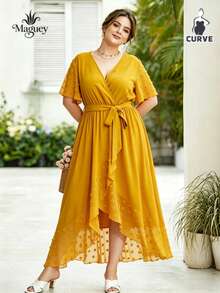Plus Size Casual Dresses For Women, Plus Size Dresses With Elastic Waist And V-Neck For Ladies, Short Sleeve Chiffon Dresses With Polka Dot Jacquard, Suitable For A Cool And Casual Everyday Summer - 黃色 - 查看 4