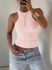 GAOVOT Áo tank top nữ mùa hè màu hồng kiểu Y2K không tay cổ tròn phong cách thường ngày - Hồng - Xem 4