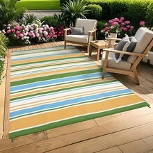 Striped Outdoor Area Rug, Waterproof Outdoor Rug,Reversible Outdoor Rugs, Patio Plastic UV Resistant Garden Rug, Plastic Straw Rug With Portable Bag For Front Door, Kitchen, Entryway, Patio, Porch - Amarillo/azul/verde/blanco-9*12 pies (274*366 cm) - Ver 3