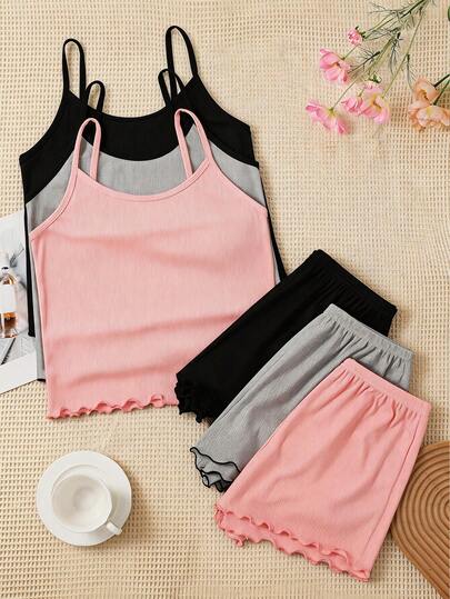 3pcs Plus Size Women Sleepwear Set, Solid Color Camisole Top And Shorts Set, Loose Comfortable Casual, Summer Clothing