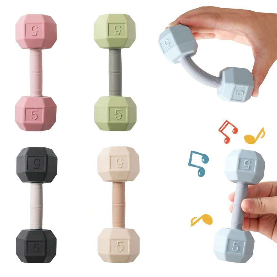 Silicone Flexible Realistic Dumbbell Rattle, Infant Grasping Chewing Training Stress Relief Soothing Toy, Hand-Eye Coordination Auditory Visual Tactile Cognition, Shockproof Washable Sound Toy, Newborn 100 Days Christmas Gift