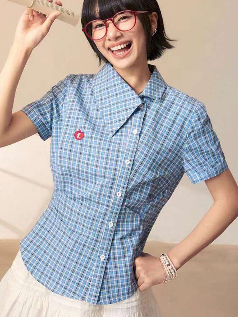 Áo sơ mi kẻ caro cổ lệch màu xanh dương kiểu Hàn Quốc, phong cách thường ngày thanh lịch. - Màu xanh lam - Xem 1