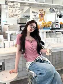 Áo thun ngắn tay cài nút kiểu dáng thường ngày, áo nữ đa năng. - Hồng - Xem 4