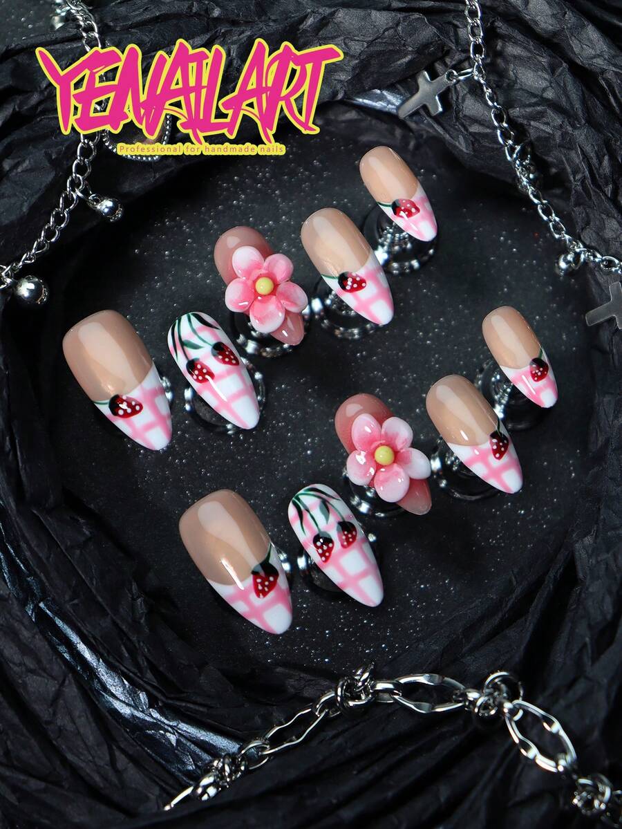 10Pcs Pressed Acrylic Almond Nails, Natural Base With White & Pink French Tips And Plaid Patterns. Adorned With 3D Flowers And Strawberry Motifs, Elegant And Lovely Full Cover Nails. Great Summer Picks For Weddings, Parties And Daily Wear, Nail Art Handmade Press On Nails - Pink - View 1