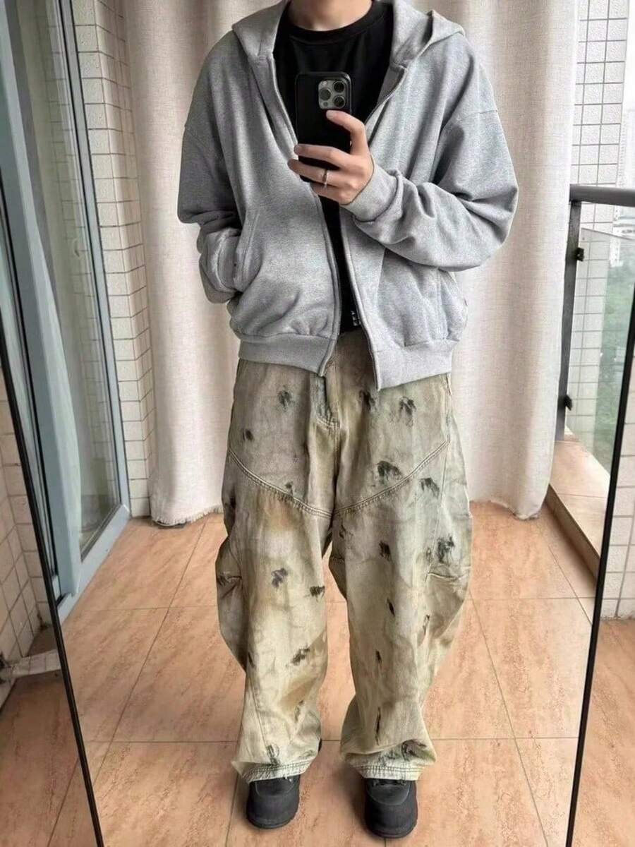 Men's Trousers 2026 Spring New Heavy Industry Dirty Washed Wide-Leg Jeans Men's Genderless Fashion Brand High Street Wash Old Loose Mahete Pants - 圖片色 - 查看 1