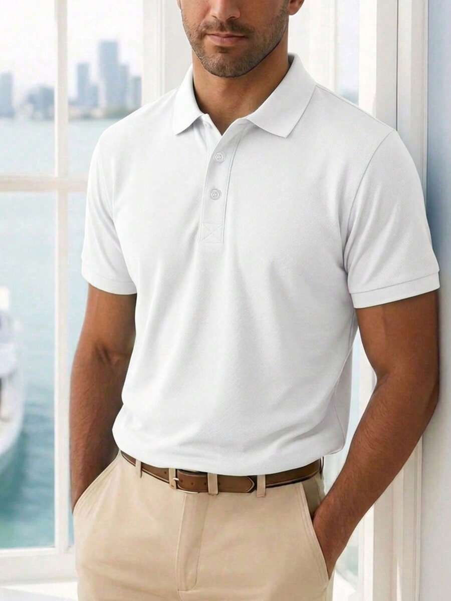 1 chiếc áo polo nam màu trắng, mềm mại và thân thiện với da, kiểu dáng tối giản, thoải mái cho kỳ nghỉ, có thể giặt máy, phù hợp cho kỳ nghỉ, công sở nhẹ, du thuyền, ăn tối. - trắng - Xem 1