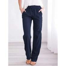 Women Cotton Linen Drawstring Pants Elastic Waist Casual Solid Color Trousers Baggy Loose Straight Leg Breathable Sweatpants - Hải quân - Xem 2
