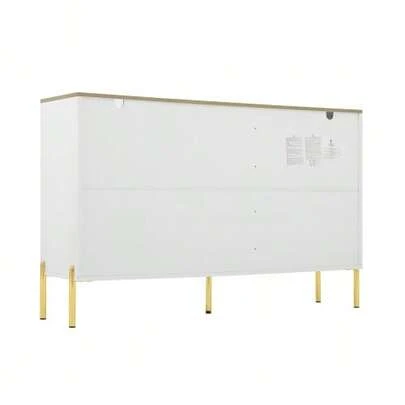 Elegant Dining Room Cabinet With 2 Drawers And 2 Glass Doors – Modern White Chest Of Drawers Adorned With Gold – Ample Storage – Ideal For The Living Room, Dining Room, Or Hallway