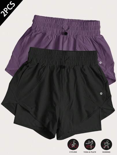 2条装女士夏季二合一运动短裤，带内衬，速干透气，防紫外线，休闲短裤，适合跑步、健身、瑜伽、骑行。