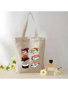 Men's Sushi & French Bulldog Themed Vintage Canvas Shoulder Bag - Cute Chibi Maki, Salmon Nigiri, Unagi, Tuna Sashimi & Shiba Inu Print Handbag For Work,, Shopping - Lovers Gift - trắng - Xem 5