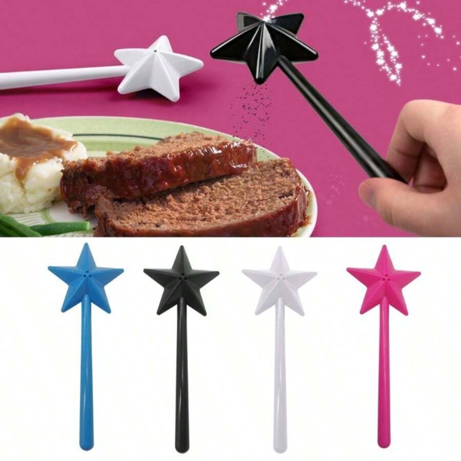 星星胡椒調味料魔杖，創意廚房黑胡椒調味工具，可重複使用的仙女魔杖形狀鹽與胡椒粉分配器，五角星設計，單手操作，無需電力，非常適合派對和廚房使用 - 彩色 - 查看 1