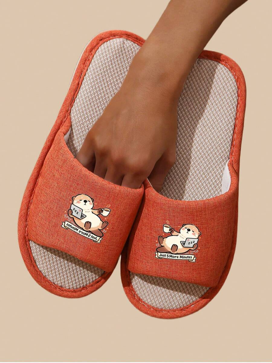 Sandalias de lino de punta abierta para mujer, con lindo diseño de animales, cómodas y fáciles de poner, con suela antideslizante y resistente al desgaste, adecuadas para primavera y otoño, nuevo estilo para parejas - Naranja - Ver 1