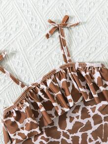 Baby Girls' Leopard Print One-Piece Swimsuit Set, Including Swimsuit And Swim Cap. The Spaghetti Strap Neckline Is Decorated With Matching Ruffle Trim, Adding A And Fitting The Well. Suitable For Wearing In The Pool Or At The Beach. - Brown - View 4