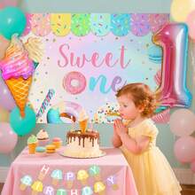 Dulce decoración de cumpleaños para bebé niña 1er cumpleaños juego de decoración de fiesta con cajas de globos, telón de fondo, guirnalda, pancarta de dona, suministros de fiesta temática de helado - Rosa 1 - Ver 3