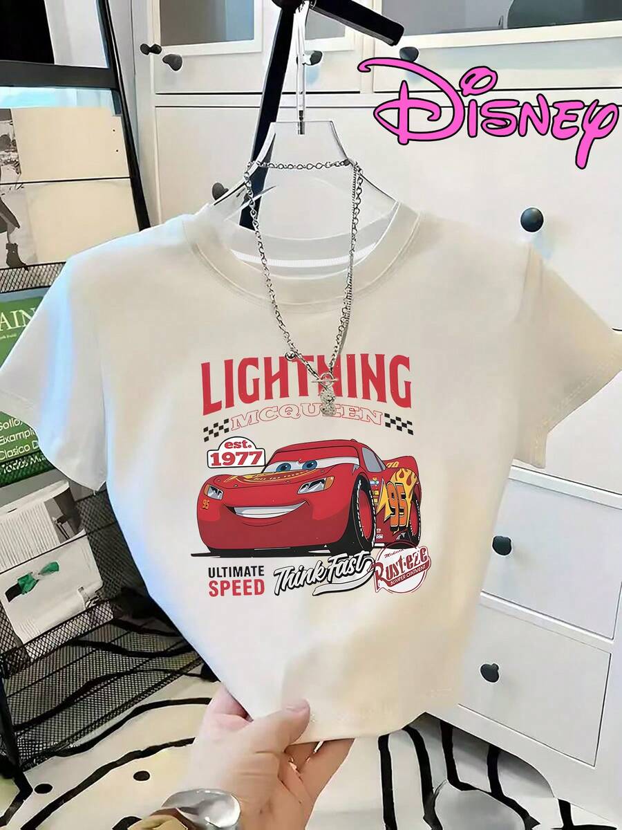 (Authorized By Disney) Disney Racing Story Lightning McQueen Printed T-Shirt, Lightning McQueen 95 Racing Car, Racing Story Casual Short Sleeves, Soft, Comfortable And Breathable Fabric, Suitable For Daily Wear, Shopping, Travel, Parties And Home Use. It Is Also Suitable As A Beautiful Gift. Every Woman Should Have One. - 白色 - 查看 1