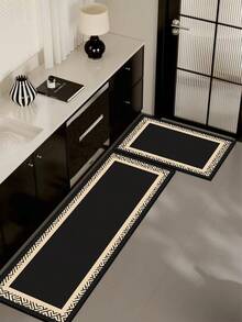 1pc Diatomaceous Earth Kitchen Mat With Patterned Border, Pure Black And Beige Geometric Design, 3.5mm Water-Absorbent Anti-Slip Stain-Resistant, Decorative Foot Mat For Kitchen, Bathroom, Entryway, Living Room, Hallway, Anti-Slip Door Mat - Multicolor - View 1