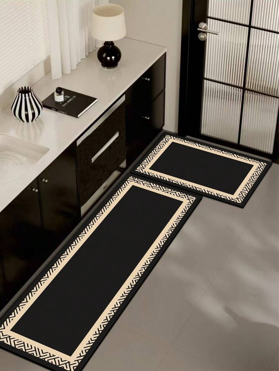 1pc Diatomaceous Earth Kitchen Mat With Patterned Border, Pure Black And Beige Geometric Design, 3.5mm Water-Absorbent Anti-Slip Stain-Resistant, Decorative Foot Mat For Kitchen, Bathroom, Entryway, Living Room, Hallway, Anti-Slip Door Mat - Multicolor - View 1