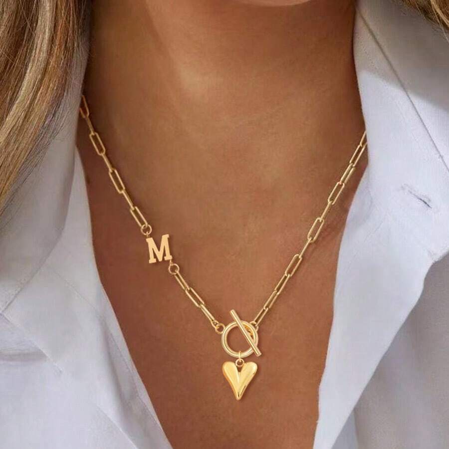 1 chiếc mặt dây chuyền hình trái tim đơn giản với chữ cái đầu tên, khóa cài dạng móc gài, dây chuyền bằng thép không gỉ mạ vàng, dành cho nữ. - Vàng - Xem 1