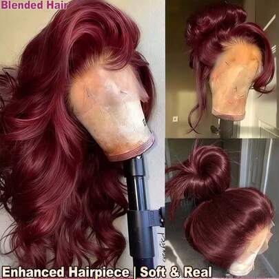 34英寸 13x4 180%密度 波浪卷蕾丝前假发，自然发际线和婴儿发 - 预先拔毛、预先漂白，无需胶水，无需技巧，真人发蕾丝前假发，无胶 #99J 酒红色 #BUG - 巴西原生高清透明蕾丝闭合假发 - 预先修剪、预先拉直、预先熨烫，中分前假发，无胶 - 适合初学者，即戴即走，无胶编织假发，适合女性日常佩戴，混合发