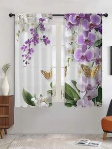 2pcs Set Modern Art Floral Decor Semi-Blackout Sheer Curtain For Living Room, Bedroom, Home Decor - Multicolor - View 13