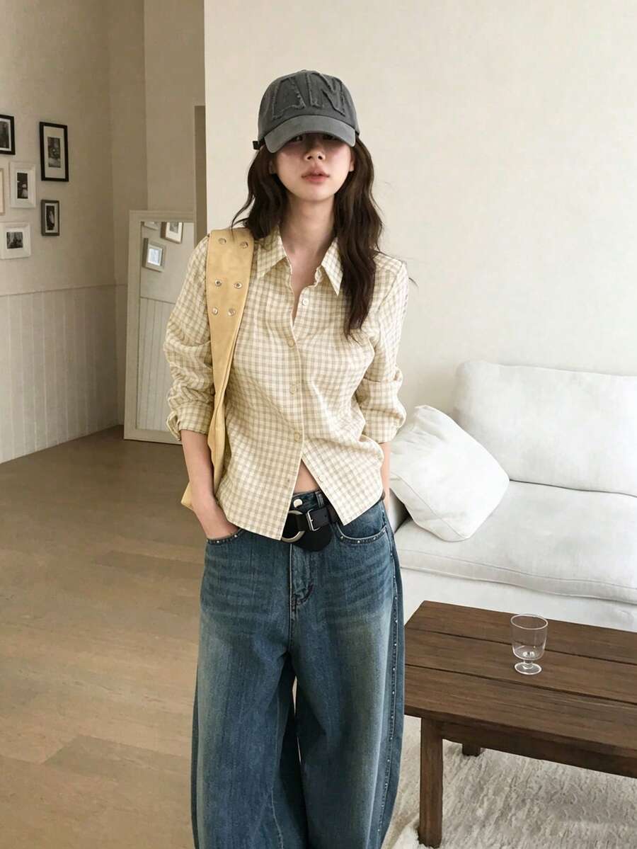 Autumn Waist-Cinching Striped Long Sleeve Shirt Tops - Apricot - View 1