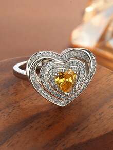 Micro-Inlaid Zirconia Heart-Shaped Ring, Vintage Retro Full Diamond Design - White and Yellow - View 4