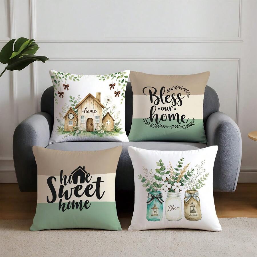 4pcs Cotton Sweet Home Text Throw Pillow Covers, Single-Sided Printed Soft Peach Velvet Fabric, 45*45CM Cushion Covers For Home Bedroom Living Room Party Decor, Sofa Decorative Pillow Covers, Gift, No Pillow Insert - Multicolor - View 1