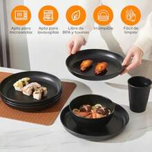 Juegos de Vajilla de Paja deTrigo 62 piezas Platos y Tazones de Paja de Trigo Irrompibles Reutilizables sin BPA Aptos para Microondas y Lavavajillas Perfecto para Camping Picnic RV Dormitorio - Negro  62 piezas - Ver 4