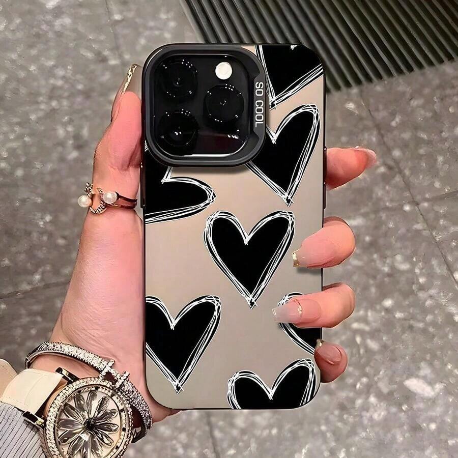 Black Vitality Black Heart Pattern Phone Case Compatible with iPhone 17 16 15 14 13 12 11 Pro Max X XS MAX Galaxy S25 S24 S23 S22 FE Plus Ultra Shockproof Protective Cover - ブラック - チェックする 1