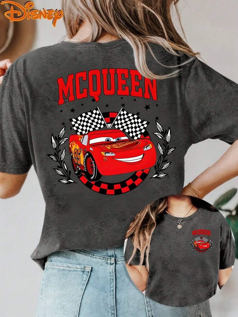 Disney License T Shirts,Disney PIXAR1 Cars Lightning McQueen Champion Graphic T-Shirt, Women's Oversized Laurel Wreath Checkered Flag Print Short Sleeve Tee, Casual Loose Fit Top For Cars Fans, Racing Enthusiasts, Daily Wear, Disney Trips & Theme Park Outings ,Camiseta, Summer Outfits For Women, Summer Clothes, Summer Tops, Tops For Women, Festival Outfits, Summer Tops For Women, Mother's Day, Mother's Day Clothing, Gifts For Family And Friends, Spring Outfits For Women, Officially Licensed Disney T-Shirts, Disney Men's And Women's Spring/Summer Fashion Casual Short-Sleeve T-Shirts - 灰色 - 查看 1