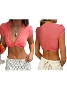 Women Casual Stylish Solid Color Button Super Crop Fit V Neck Short Sleeve Crop T-Shirt For Beach Club Party Night Out Daily Vacation Summer Outfits - 粉色 - 查看 9