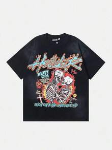 Hellstars Skeleton Couple Rock 'n' Roll Y2K Graphic T-Shirt,180g 100% Cotton,Round Neck Short Sleeve,Black Streetwear Essential For Summer Going Out,Unisex Style Summer Clothes,Summer Tops,Summer Outfits,Cute Tops,Black Top,Spring Break Outfits,Spring Tops,Graphic Tee,Family Matching Outfits,Tops For Women,Mens Clothes,Men Shirts,Boys Clothes,Girls Clothes,Tween Girl Clothes,Shirts For Teen Girls,Toddler Boy Clothes - 黑色 - 查看 1