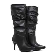 Women's Black Riding Boot, High Shaft, Pointed Toe, Ruched Detail - 黑色 - 查看 3