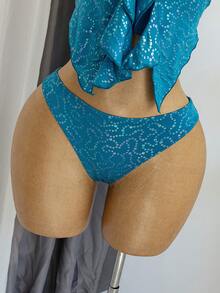 Set Camisole & Bikini Musim Panas Wanita dengan Motif Bintang Laut dan Hiasan Ruffle di Bagian Bawah untuk Liburan Pantai. - Teal Blue - View 2