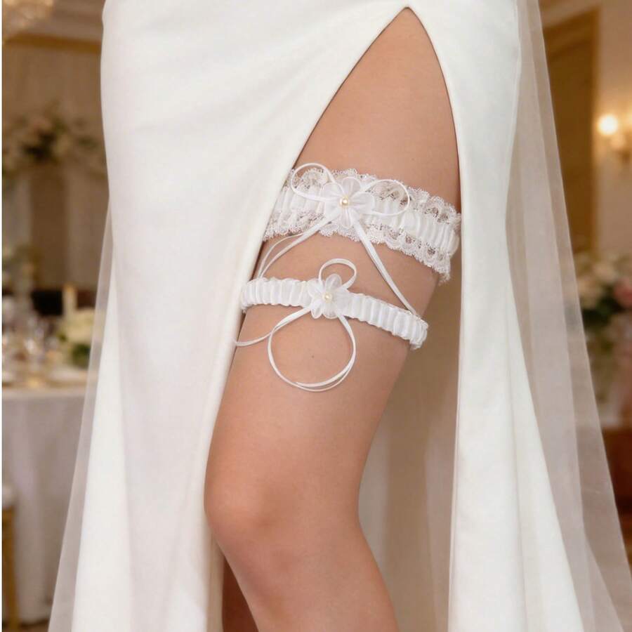 Wedding Garter Set Lace Bridal Garter Elastic Floral Garter Bride Blue White - White - View 1