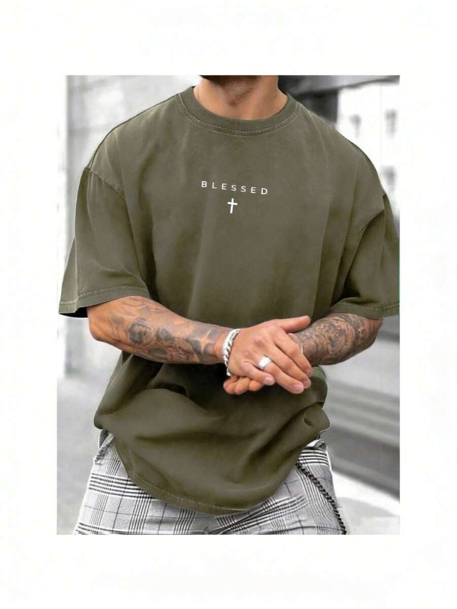 [100% Cotton Top] Cross & Letter Print Washed Tee - Retro Round Neck Breathable Streetwear, Casual Short Sleeve T-Shirt For Summer, Top For All Season-Unisex Women & Men's Daily Wear - 綠色 - 查看 1