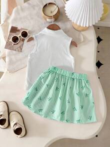 Girls' White V-Neck Ribbed Knit Tank Top + Vertical Striped Bow Print Skirt 2Pcs Set, Suitable For Daily Wear, Outdoor Activities And Events, Spring/Summer - Green - View 2