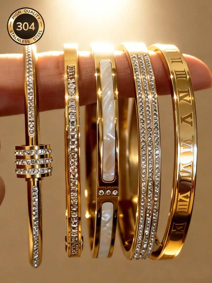 5件套简约优雅奢华闪亮星形手镯，钛钢材质，女士手镯