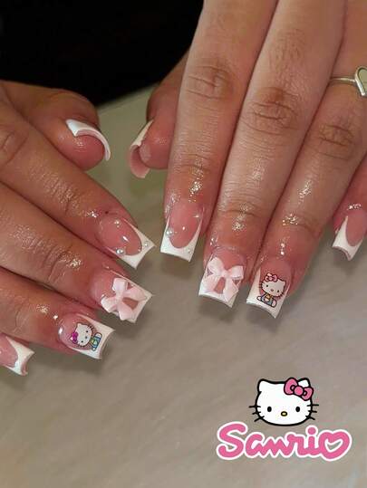  Bộ 24 móng tay giả vuông ngắn màu trắng kiểu Pháp, hình Hello Kitty dễ thương Sanrio, đính đá màu hồng, đính nơ hồng, đính ngọc trai 3D, móng giả acrylic hợp kim, móng gel, dụng cụ làm móng (kèm theo: một miếng gel và dũa móng). Thích hợp cho nữ dùng hàng ngày, hẹn hò và dự tiệc.