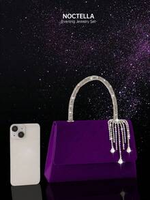 Noctella 闪亮水钻流苏女士晚宴包，奢华时尚派对包，优雅翻盖手提包，搭配三件套闪亮水钻首饰，包括吊坠项链、手链和耳环，适合女性、女孩、派对、舞会、婚礼和晚宴。 - 紫色 - 查看 8
