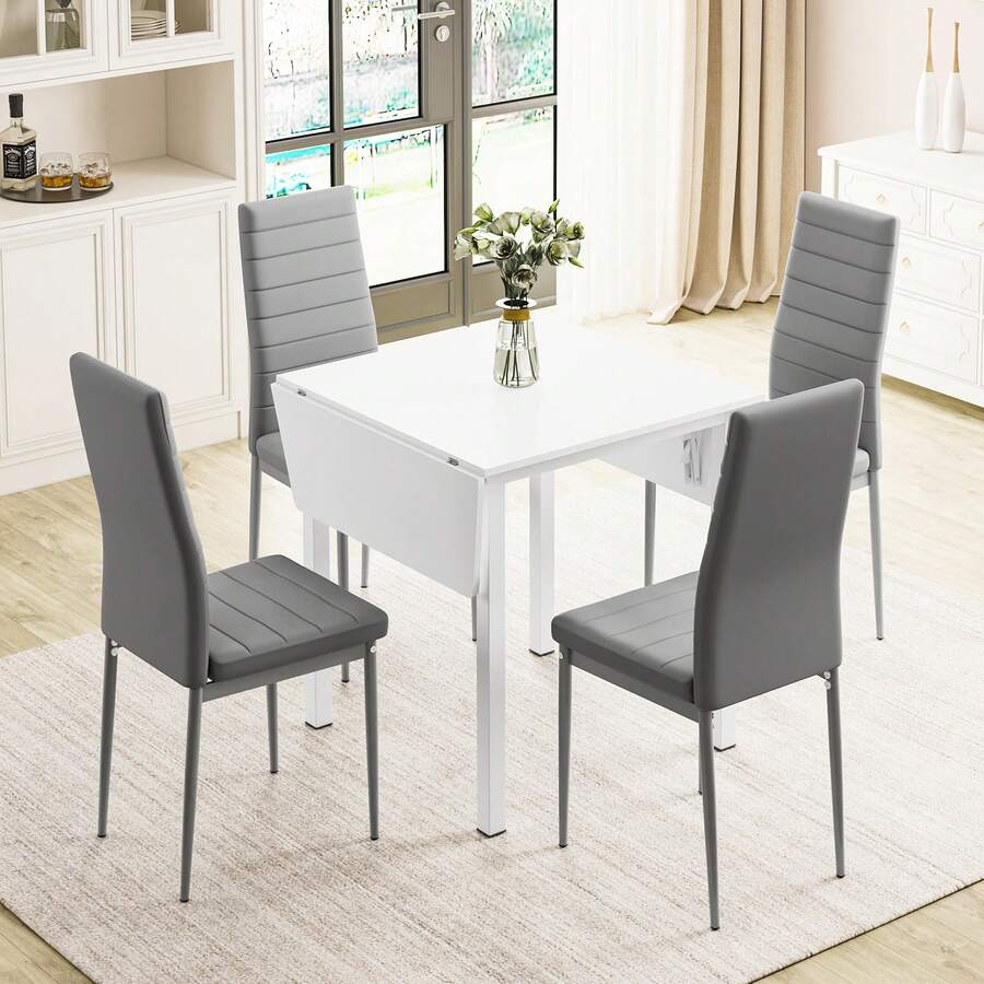 Dining Table And Chairs Set Of 4, Drop Leaf White Folding Kitchen Table With Grey PU Leather High Back Chairs For Dining Room, Kitchen
