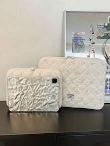 1個刺繡蝴蝶結絎縫筆電保護套，適用9-13吋筆電，純色防護套、文件袋、筆電托特包，適合女性/女孩/學生，辦公通勤/旅行/度假，相容MacBook、HP平板、Air 4 5 Pro 11 Mini 5 6，防震保護 - 白色 - 查看 4