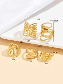 5pcs/Set Elegant Wide-Band Multi-Element Stainless Steel Rings, Versatile Hollow Geometric Asymmetrical Line Open Rings, 18K Gold Vacuum Plated, Waterproof, Fade-Resistant, Women Vacation Gift - Geometry - View 2