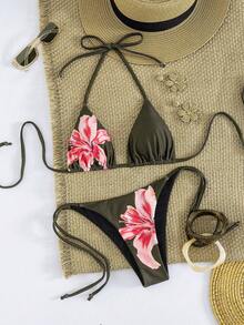 Nuovo arrivo, set di moda sexy europeo e americano per donna, top con stampa floreale e colletto a tre angoli, con fondo a tre angoli, outfit estivo da quattro pezzi, adatto per vacanze e spiaggia - Verde Scuro - Visualizzare 5