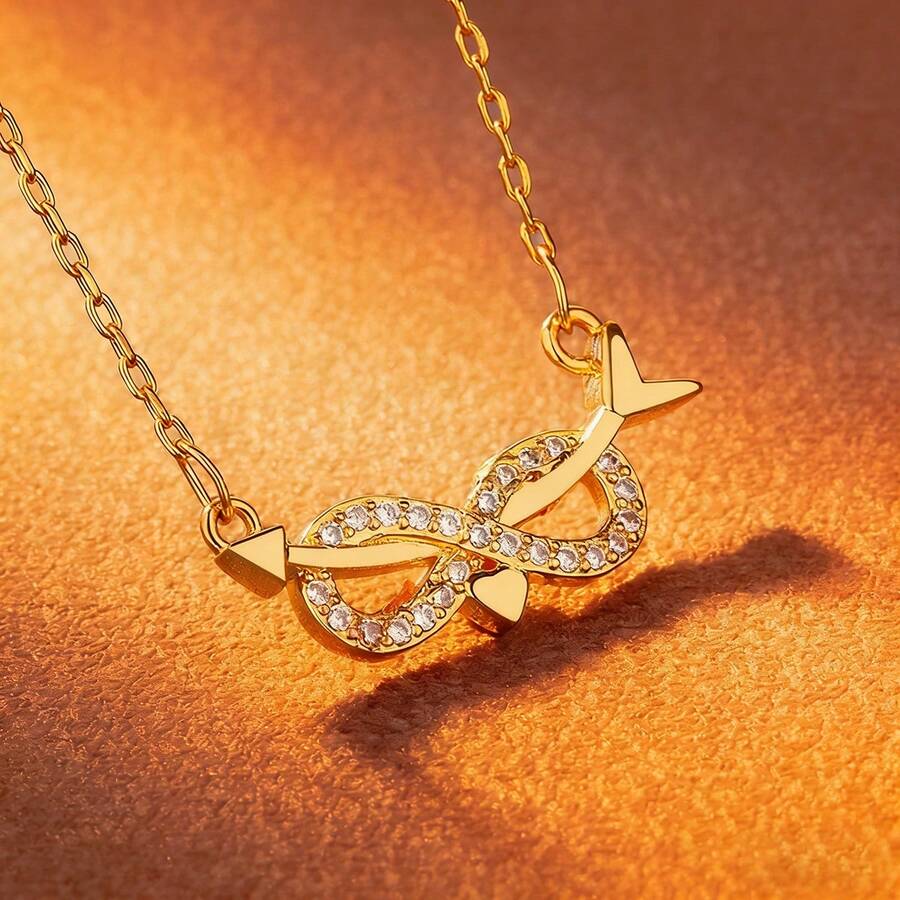 1件S925纯银简约永恒之爱设计吊坠项链，镶嵌闪亮锆石，优雅日常佩戴饰品，送给爱人的优质礼物 - 金黃色 - 查看 1